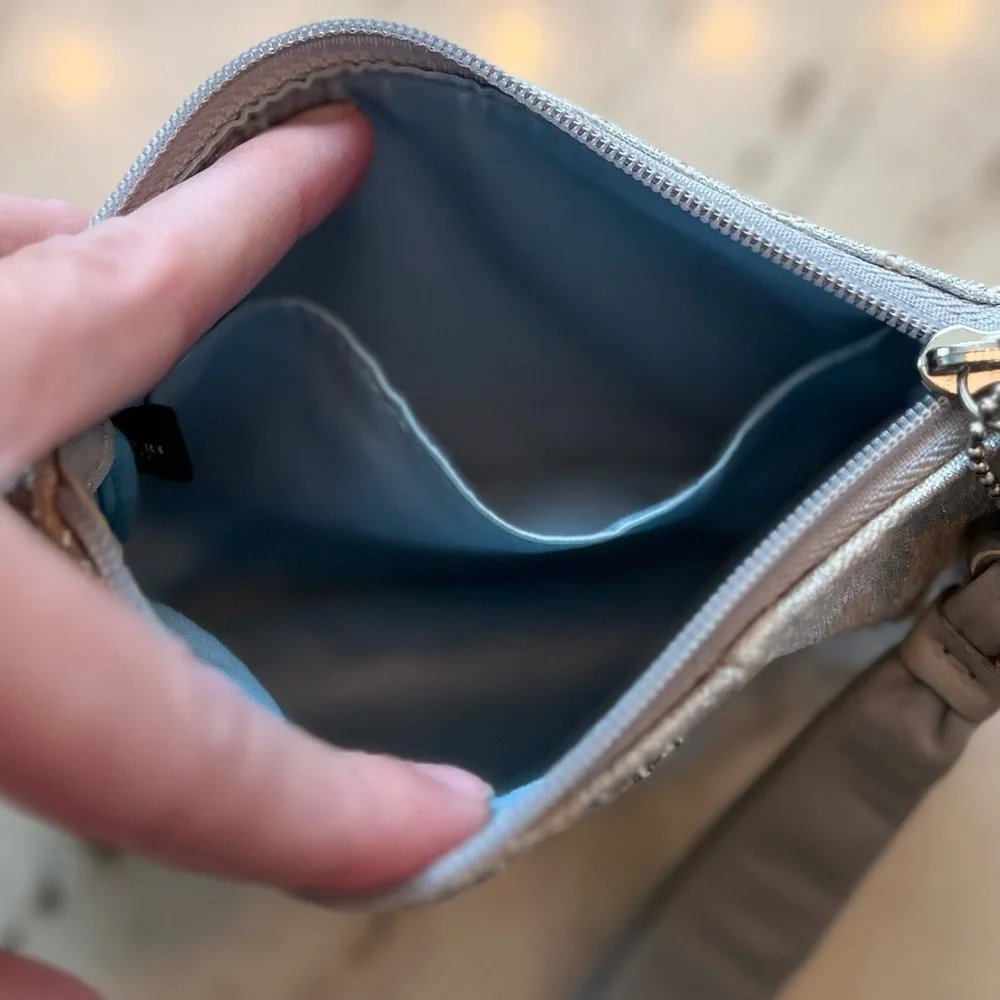 Coach Metallic Silver Monogram Wristlet Clutch with thick strap and Hangtag - Picture 5 of 9